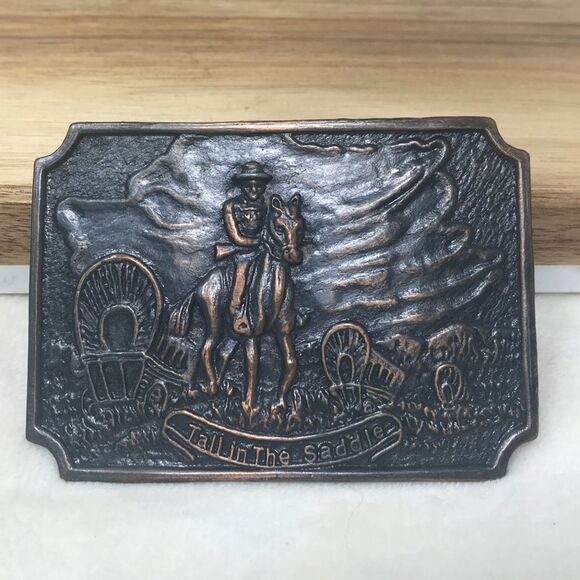 Vintage Tall in the Saddle Belt Buckle Promo Western Cowboy Bronze Metal - Picture 1 of 4